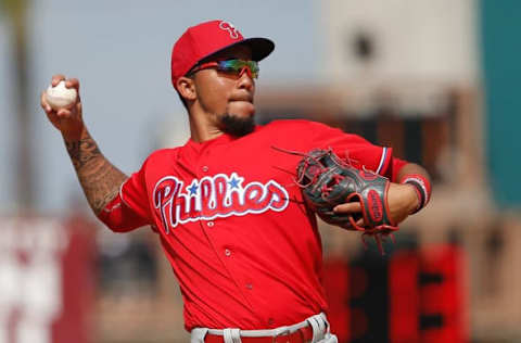 Mar 7, 2016; Bradenton, FL, USA; Philadelphia Phillies shortstop Crawford (77) throws during the eighth ninth inning of a spring training baseball game against the Pittsburgh Pirates at McKechnie Field. The Phillies won 1-0. Mandatory Credit: Reinhold Matay-USA TODAY Sports