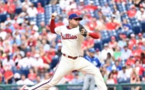 Jul 3, 2016; Philadelphia, PA, USA; Philadelphia Phillies relief pitcher Gomez (46) throws a pitch during the ninth inning against the Kansas City Royals at Citizens Bank Park. The Phillies defeated the Royals, 7-2. Mandatory Credit: Eric Hartline-USA TODAY Sports