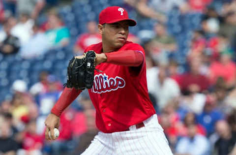 May 18, 2016; Philadelphia, PA, USA; Philadelphia Phillies relief pitcher Gomez (46) pitches during the ninth inning against the Miami Marlins at Citizens Bank Park. The Philadelphia Phillies won 4-2. Mandatory Credit: Bill Streicher-USA TODAY Sports