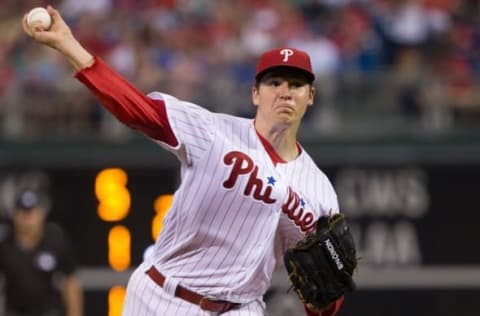 Jul 16, 2016; Philadelphia, PA, USA; Philadelphia Phillies starting pitcher Eickhoff (48) pitches against the New York Mets at Citizens Bank Park. The Philadelphia Phillies won 4-2. Mandatory Credit: Bill Streicher-USA TODAY Sports