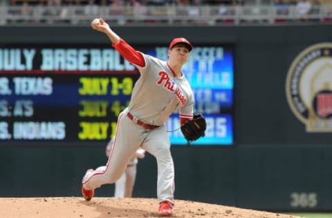 Jun 23, 2016; Minneapolis, MN, USA; Philadelphia Phillies pitcher Eickhoff (48) delivers a pitch during the first inning against the Minnesota Twins at Target Field. Mandatory Credit: Marilyn Indahl-USA TODAY Sports