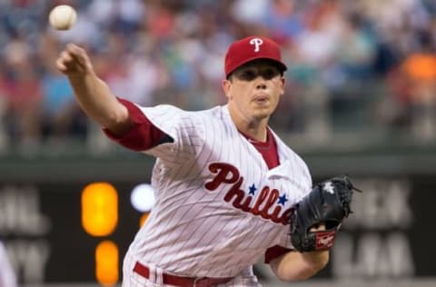 Jul 20, 2016; Philadelphia, PA, USA; Philadelphia Phillies starting pitcher Hellickson (58) pitches against the Miami Marlins at Citizens Bank Park. Mandatory Credit: Bill Streicher-USA TODAY Sports