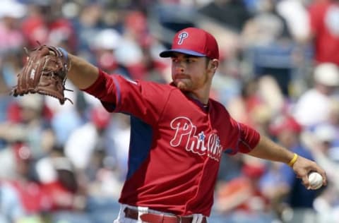 Mar 13, 2015; Clearwater, FL, USA; Former Phillies top draft pick Biddle is now property of the Atlanta Braves, and is on the disabled list, recovering from Tommy John surgery. He will be out until spring training of next season. Mandatory Credit: Reinhold Matay-USA TODAY Sports