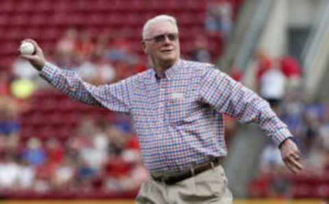 Jun 27, 2016; Cincinnati, OH, USA; Hall of Fame pitcher unning throws a first pitch prior to a game with the Chicago Cubs and the Cincinnati Reds at Great American Ball Park. Mandatory Credit: David Kohl-USA TODAY Sports