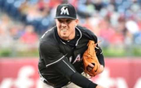 Jul 18, 2016; Philadelphia, PA, USA; Miami Marlins starting pitcher Fernandez (16) throws a pitch during the first inning against the Philadelphia Phillies at Citizens Bank Park. Mandatory Credit: Eric Hartline-USA TODAY Sports