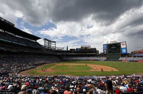 Jul 17, 2016; Atlanta, GA, USA; A general view as Atlanta Braves starting pitcher Teheran (49) delivers a pitch to a Colorado Rockies batter in the sixth inning of their game at Turner Field. Mandatory Credit: Jason Getz-USA TODAY Sports