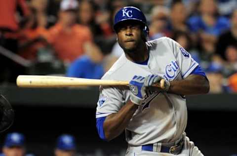 Jun 7, 2016; Baltimore, MD, USA; Kansas City Royals outfielder Cain (6) reacts to an inside pitch during the game against the Baltimore Orioles at Oriole Park at Camden Yards. The Orioles won 9-1. Mandatory Credit: Evan Habeeb-USA TODAY Sports