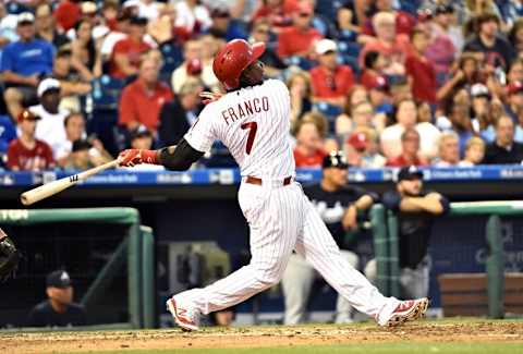 Jul 5, 2016; Philadelphia, PA, USA; Philadelphia Phillies third baseman Franco (7) connects on a home run during the sixth inning against the Atlanta Braves at Citizens Bank Park. The Phillies defeated the Braves, 5-1. Mandatory Credit: Eric Hartline-USA TODAY Sports