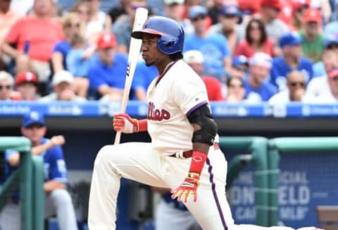 Jul 3, 2016; Philadelphia, PA, USA; Philadelphia Phillies third baseman Franco (7) reacts after checking his swing against the Kansas City Royals at Citizens Bank Park. Mandatory Credit: Eric Hartline-USA TODAY Sports