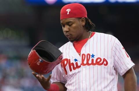 Jul 20, 2016; Philadelphia, PA, USA; Philadelphia Phillies third baseman Franco (7) in action against the Miami Marlins at Citizens Bank Park. Philadelphia won 4-1. Mandatory Credit: Bill Streicher-USA TODAY Sports