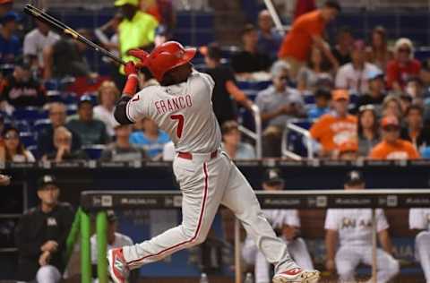 Jul 25, 2016; Miami, FL, USA; Philadelphia Phillies third baseman Franco (7) connects for a double in the first inning against the Miami Marlins at Marlins Park. Mandatory Credit: Jasen Vinlove-USA TODAY Sports