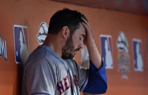 Jun 5, 2016; Miami, FL, USA; New York Mets starting pitcher Harvey (33) reacts in the dugout during the seventh inning against the Miami Marlins at Marlins Park. The Marlins won 1-0. Mandatory Credit: Steve Mitchell-USA TODAY Sports