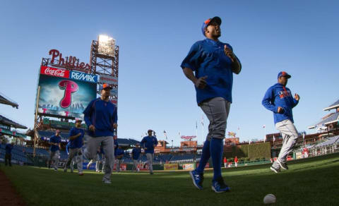 Apr 20, 2016; Philadelphia, PA, USA; The New York Mets warm up before action against the Philadelphia Phillies at Citizens Bank Park. Mandatory Credit: Bill Streicher-USA TODAY Sports