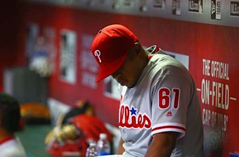 Jun 29, 2016; Phoenix, AZ, USA; Philadelphia Phillies pitcher Ramos reacts in the dugout against the Arizona Diamondbacks at Chase Field. Mandatory Credit: Mark J. Rebilas-USA TODAY Sports