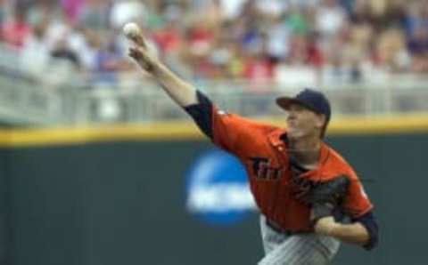 Jun 14, 2015; Omaha, NE, USA; Cal State Fullerton Titans pitcher Thomas Eshelman (15) throws against the Vanderbilt Commodores during the first inning at TD Ameritrade Park. Mandatory Credit: Bruce Thorson-USA TODAY Sports