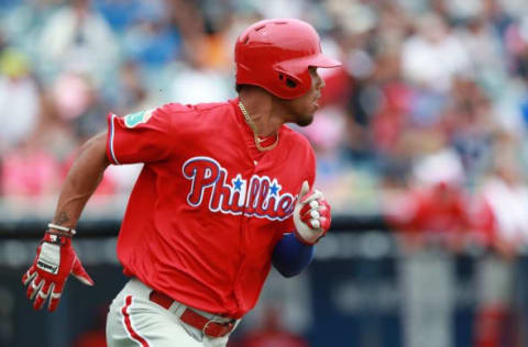 Mar 13, 2016; Tampa, FL, USA; Philadelphia Phillies right fielder Nick Williams (79) runs out of the dugout against the New York Yankees at George M. Steinbrenner Field. Mandatory Credit: Kim Klement-USA TODAY Sports