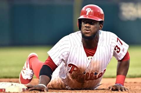 Jul 5, 2016; Philadelphia, PA, USA; Philadelphia Phillies center fielder Herrera (37) reacts after being picked off of first base during the fifth inning by Atlanta Braves first baseman Freddie Freeman (5) (not pictured) at Citizens Bank Park. The Phillies defeated the Braves, 5-1. Mandatory Credit: Eric Hartline-USA TODAY Sports