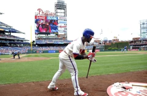 Jul 3, 2016; Philadelphia, PA, USA; Philadelphia Phillies center fielder Herrera (37) prepares to bat during the first inning against the Kansas City Royals at Citizens Bank Park. Mandatory Credit: Eric Hartline-USA TODAY Sports