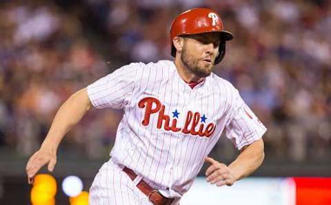 Jul 16, 2016; Philadelphia, PA, USA; Philadelphia Phillies right fielder Bourjos (17) runs home for a score during the seventh inning against the New York Mets at Citizens Bank Park. The Philadelphia Phillies won 4-2. Mandatory Credit: Bill Streicher-USA TODAY Sports