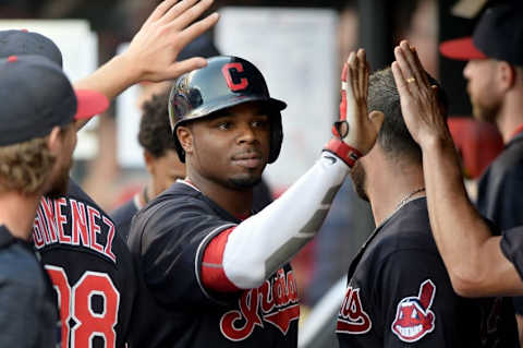 Jul 5, 2016; Cleveland, OH, USA; Cleveland Indians left fielder Davis (20) celebrates after hitting a sacrifice fly during the fourth inning against the Detroit Tigers at Progressive Field. Mandatory Credit: Ken Blaze-USA TODAY Sports