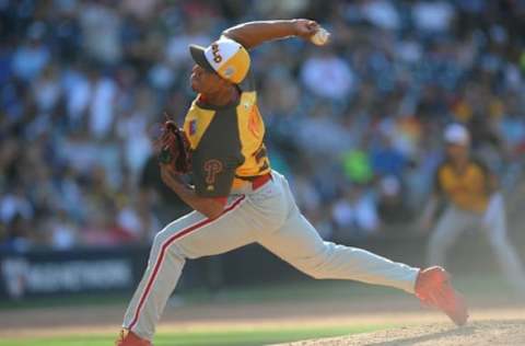 Jul 10, 2016; San Diego, CA, USA; World pitcher Ricardo Pinto throws in the 7th inning during the All Star Game futures baseball game at PetCo Park. Mandatory Credit: Gary A. Vasquez-USA TODAY Sports