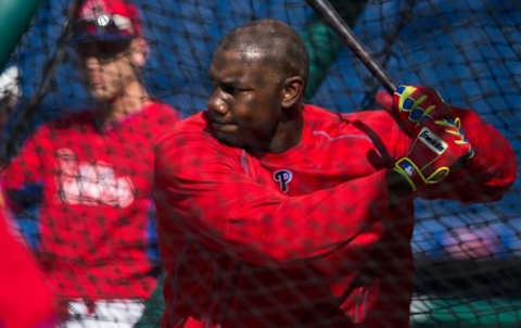 Jun 2, 2016; Philadelphia, PA, USA; Philadelphia Phillies first baseman Howard (6) works out in the batting cage prior to action against the Milwaukee Brewers at Citizens Bank Park. Mandatory Credit: Bill Streicher-USA TODAY Sports