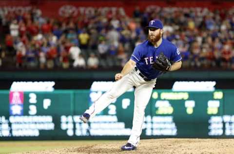 Jun 22, 2016; Arlington, TX, USA; Texas Rangers relief pitcher Dyson (47) throws a pitch in the ninth inning against the Cincinnati Reds at Globe Life Park in Arlington. Texas won 6-4. Mandatory Credit: Tim Heitman-USA TODAY Sports