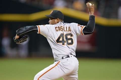 Jul 3, 2016; Phoenix, AZ, USA; San Francisco Giants relief pitcher Casilla (46) pitches during the eleventh inning against the Arizona Diamondbacks at Chase Field. The Giants won 5-4 in 11 innings. Mandatory Credit: Joe Camporeale-USA TODAY Sports