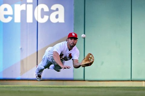 Jun 17, 2016; St. Louis, MO, USA; St. Louis Cardinals center fielder Grichuk (15) dives and catches a ball hit by Texas Rangers right fielder Choo (not pictured) during the first inning at Busch Stadium. Mandatory Credit: Jeff Curry-USA TODAY Sports