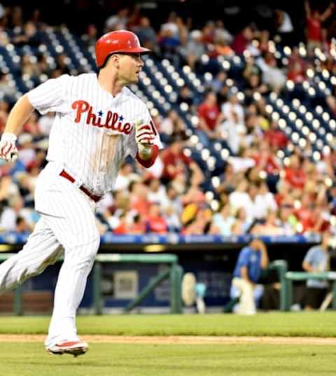 Jul 5, 2016; Philadelphia, PA, USA; Philadelphia Phillies first baseman Joseph (19) celebrates with teammates after hitting a home run against the Atlanta Braves at Citizens Bank Park. The Phillies defeated the Braves, 5-1. Mandatory Credit: Eric Hartline-USA TODAY Sports