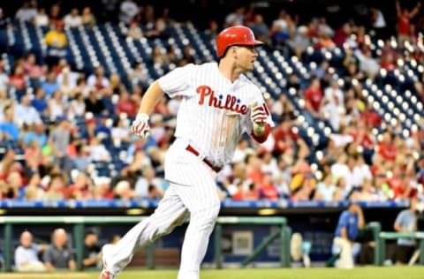 Jul 5, 2016; Philadelphia, PA, USA; Philadelphia Phillies first baseman Tommy Joseph (19) watches his home run during the sixth inning against the Atlanta Braves at Citizens Bank Park. The Phillies defeated the Braves, 5-1. Mandatory Credit: Eric Hartline-USA TODAY Sports