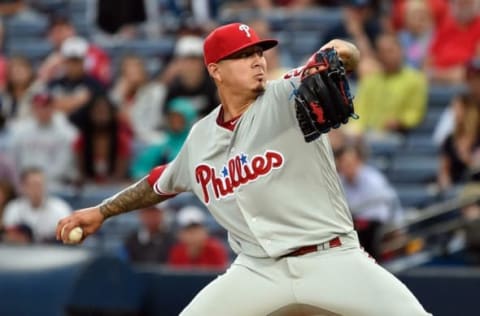 May 12, 2016; Atlanta, GA, USA; (Editors note: caption correction) Philadelphia Phillies pitcher Vince Velasquez (28) pitches against the Atlanta Braves during the first inning at Turner Field. Mandatory Credit: Dale Zanine-USA TODAY Sports