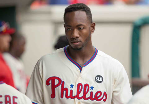 Jun 18, 2015; Philadelphia, PA, USA; Philadelphia Phillies left fielder Domonic Brown (9) in the dugout between innings against the Baltimore Orioles at Citizens Bank Park. The Phillies won 2-1. Mandatory Credit: Bill Streicher-USA TODAY Sports