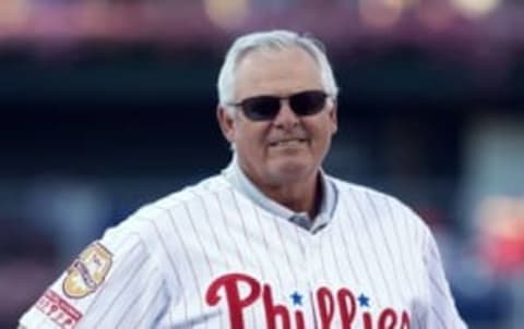 Jul 31, 2015; Philadelphia, PA, USA; Philadelphia Phillies Wall of Fame member Boone during the Burrell (not pictured) induction ceremony before a game against the Atlanta Braves at Citizens Bank Park. Mandatory Credit: Bill Streicher-USA TODAY Sports