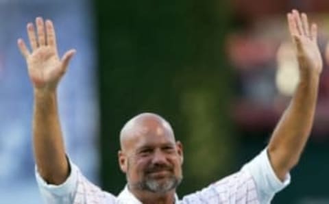 Jul 31, 2015; Philadelphia, PA, USA; Philadelphia Phillies Wall of Fame member Daulton during the Burrell (not pictured) induction ceremony before a game against the Atlanta Braves at Citizens Bank Park. Mandatory Credit: Bill Streicher-USA TODAY Sports