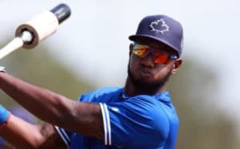 Mar 17, 2016; Kissimmee, FL, USA; Toronto Blue Jays right fielder Dominic Brown (13) works out prior to the game against the Houston Astros at Osceola County Stadium. Mandatory Credit: Kim Klement-USA TODAY Sports