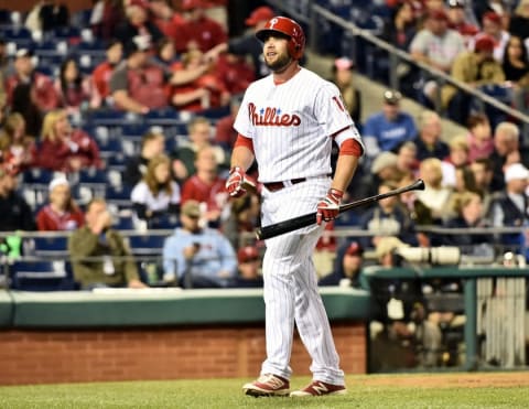 Apr 16, 2016; Philadelphia, PA, USA; Philadelphia Phillies first baseman Darin Ruf (18) reacts after striking out during the seventh inning against the Washington Nationals at Citizens Bank Park. The Nationals defeated the Phillies, 8-1. Mandatory Credit: Eric Hartline-USA TODAY Sports