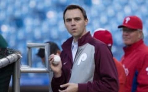 Apr 15, 2016; Philadelphia, PA, USA; Philadelphia Phillies general manager Matt Klentak before a game against the Washington Nationals at Citizens Bank Park. Mandatory Credit: Bill Streicher-USA TODAY Sports