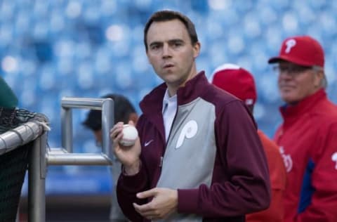 Apr 15, 2016; Philadelphia, PA, USA; Philadelphia Phillies general manager Matt Klentak before a game against the Washington Nationals at Citizens Bank Park. Mandatory Credit: Bill Streicher-USA TODAY Sports