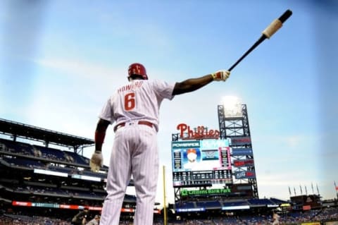 May 31, 2016; Philadelphia, PA, USA; Philadelphia Phillies first baseman Ryan Howard (6) waits in theon deck circle against the Washington Nationals at Citizens Bank Park. Mandatory Credit: Eric Hartline-USA TODAY Sports