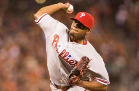 Jun 24, 2016; San Francisco, CA, USA; Philadelphia Phillies relief pitcher Edubray Ramos (61) delivers a pitch in the seventh inning against the San Francisco Giants at AT&T Park the San Francisco Giants defeat the Philadelphia Phillies 5 to 4. Mandatory Credit: Neville E. Guard-USA TODAY Sports