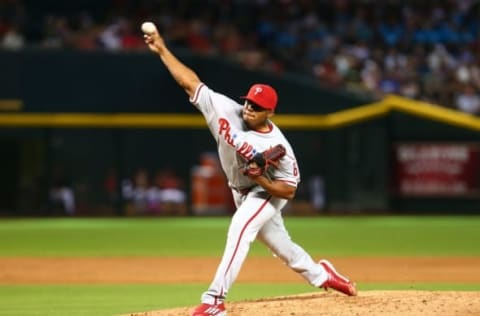 Jun 29, 2016; Phoenix, AZ, USA; Philadelphia Phillies pitcher Edubray Ramos throws in the fifth inning against the Arizona Diamondbacks at Chase Field. Mandatory Credit: Mark J. Rebilas-USA TODAY Sports