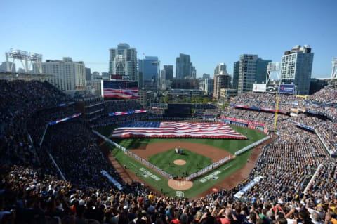 Jul 12, 2016; San Diego, CA, USA; A general view during the playing of the national anthem before the 2016 MLB All Star Game at Petco Park. Mandatory Credit: Jake Roth-USA TODAY Sports