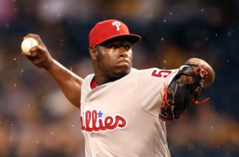 Jul 24, 2016; Pittsburgh, PA, USA; Philadelphia Phillies relief pitcher Hector Neris (50) pitches against the Pittsburgh Pirates during the eighth inning at PNC Park. Mandatory Credit: Charles LeClaire-USA TODAY Sports