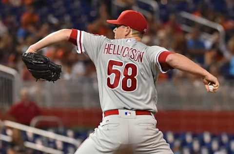 Jul 25, 2016; Miami, FL, USA; Philadelphia Phillies starting pitcher Hellickson (58) delivers a pitch in the first inning against the Miami Marlins at Marlins Park. Mandatory Credit: Jasen Vinlove-USA TODAY Sports