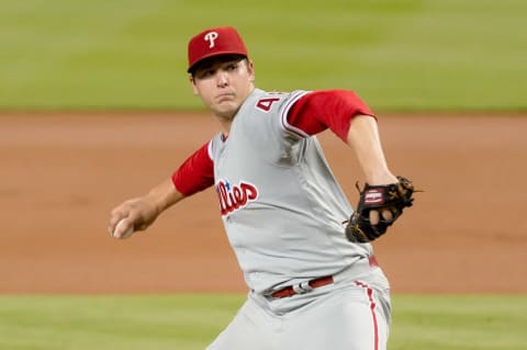 Jul 26, 2016; Miami, FL, USA; Philadelphia Phillies starting pitcher Eickhoff (48) throws during the first inning against the Miami Marlins at Marlins Park. Mandatory Credit: Steve Mitchell-USA TODAY Sports