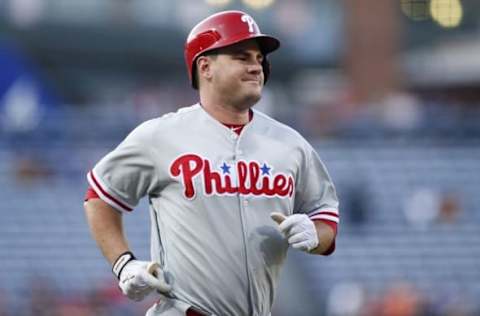 Jul 28, 2016; Atlanta, GA, USA; Philadelphia Phillies first baseman Tommy Joseph (19) smiles after a home run against the Atlanta Braves in the first inning at Turner Field. Mandatory Credit: Brett Davis-USA TODAY Sports