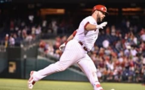 Aug 2, 2016; Philadelphia, PA, USA; Philadelphia Phillies catcher Cameron Rupp (29) rounds third base after his three run home run during the eighth inning against the San Francisco Giants at Citizens Bank Park. The Phillies defeated the Giants, 13-8. Mandatory Credit: Eric Hartline-USA TODAY Sports