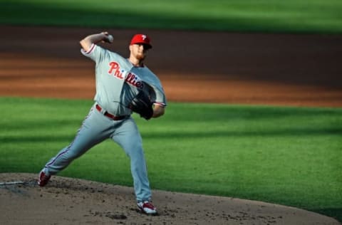 Aug 6, 2016; San Diego, CA, USA; Philadelphia Phillies pitcher Jake Thompson (44) pitches against the San Diego Padres during the first inning at Petco Park. Mandatory Credit: Jake Roth-USA TODAY Sports