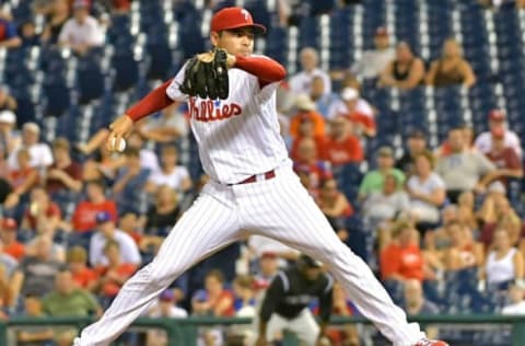 Aug 13, 2016; Philadelphia, PA, USA; Philadelphia Phillies relief pitcher Jeanmar Gomez (46) throws a pitch during the ninth inning against the Colorado Rockies at Citizens Bank Park. The Phillies defeated the Rockies, 6-3. Mandatory Credit: Eric Hartline-USA TODAY Sports